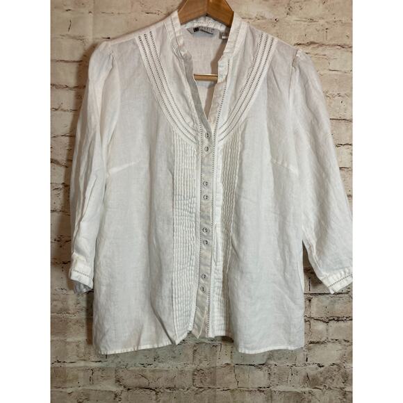 Carole Little Linen Top Women Large White Coquette Lagom Feminine Beachy Pleated - Picture 1 of 12